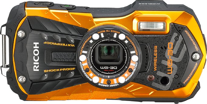 Bild Das umfangreichste Portfolio an Outdoor-Kameras hat Ricoh. Der Hersteller hat insgesamt 5 aktuelle Modelle im Programm. Hier siehst du das aktuelle Spitzenmodell Ricoh WG-30W in der Farbvariante Schwarz/Orange. [Foto: Ricoh]
