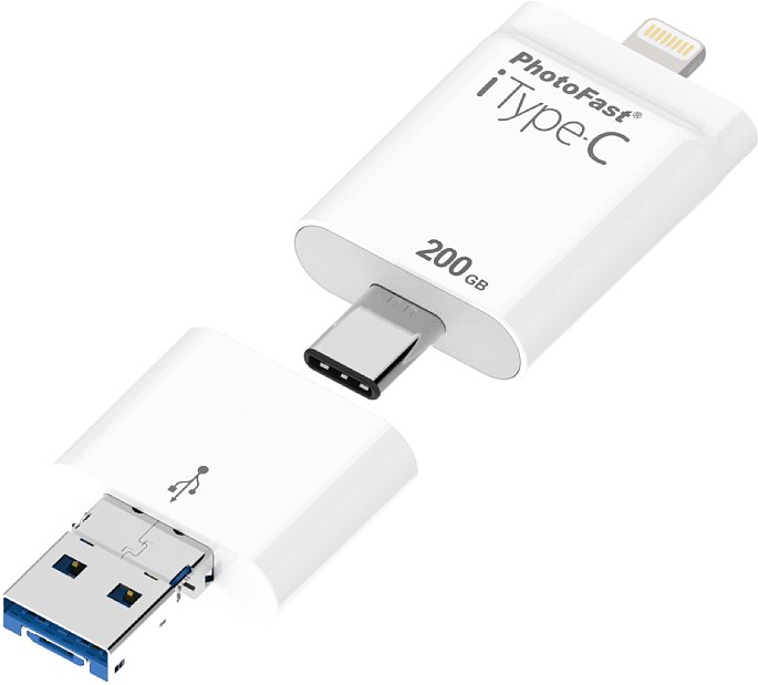 Bild PhotoFast iType-C: eine Seite Lightning-Stecker, die andere Seite USB Typ-C. Dieser kann mit dem mitgelieferten Adapter in USB (Typ A) oder Micro-USB verwandelt werden. [Foto: PhotoFast]