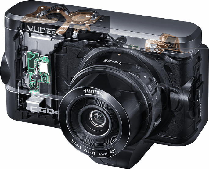 Bild Im Innern der Yuneec CGO4 befindet sich die Technik einer Panasonic Lumix GH4, daher auch das verhältnismäßig große Gehäuse. Die Kamera wird mit einem optischen 3-fach-Motorzoom-Objektiv geliefert. [Foto: Yuneec]