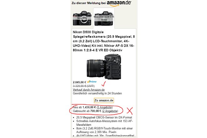 Bild Unser Amazon-Widget am 05.10.2016, vor der Entwicklung unseres "Fake-Angebot-Filters": Die Nikon D500 inklusive 16-80 mm Objektiv. Betrüger bieten die Kamera neu für die Hälfte und gebraucht für eine Viertel des echten Preises an. [Foto: MediaNord]