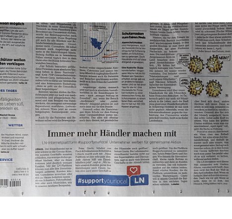 Bild Ausschnitt der Titelseite der Lübecker Nachrichten vom 01. April 2020 mit Teaser zu #supportyourlocal im Lokalteil. [Foto: MediaNord]