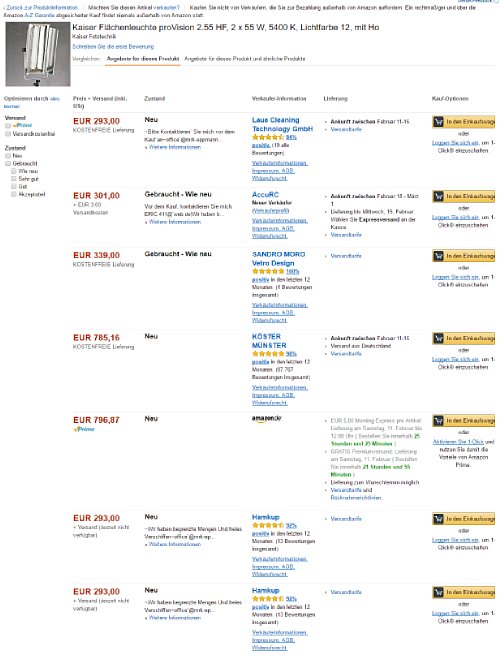 Bild Angebote für Kaiser Fläachenleuchte proVision 2.55 HF am 09.02.2017 auf Amazon.de: Auf drei echte Angebote kamen vier Fake-Angebote. [Foto: MediaNord]