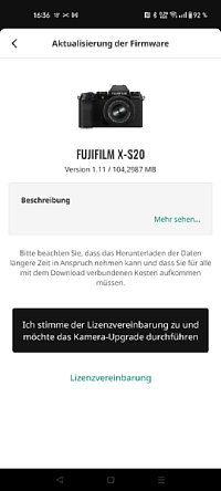 Bild Fujifilm XApp – Firmwareupdate Schritt 2: Information und Lizenzvereinbarung. [Foto: MediaNord]