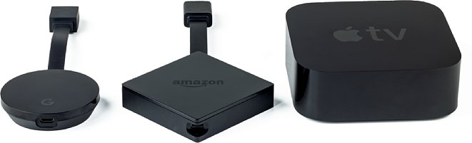 Bild Größenvergleich zwischen Google Chromecast Ultra, Amazon Fire TV und Apple TV. [Foto: MediaNord]