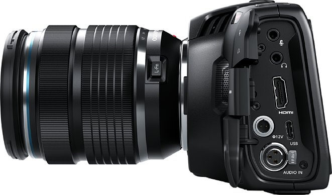 Bild Zahlreiche Schnittstellen bietet die Blackmagic Pocket Cinema Camera 4K, darunter USB-C, HDMI-A, XLR-Mini, 3,5 mm Stereoklinken-Mikrofoneingang und einen DC-Stromanschluss. [Foto: Blackmagic]