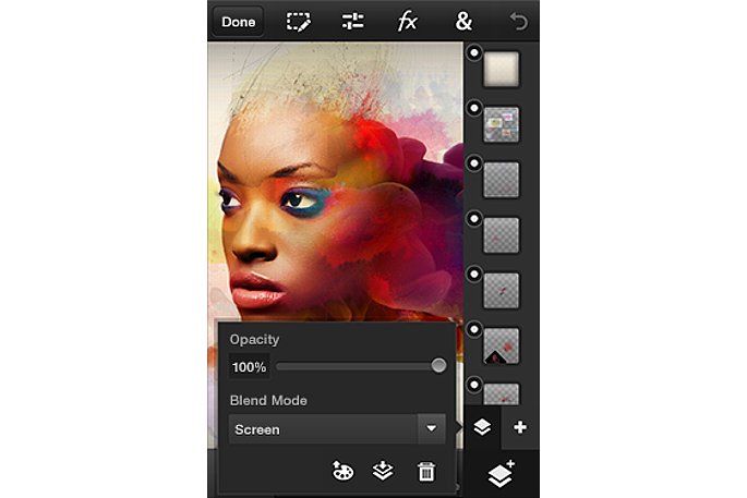 Bild "Photoshop Touch for phone" beherrscht Ebenen, die Ebenendeckkraft lässt sich steuern. [Foto: Adobe]
