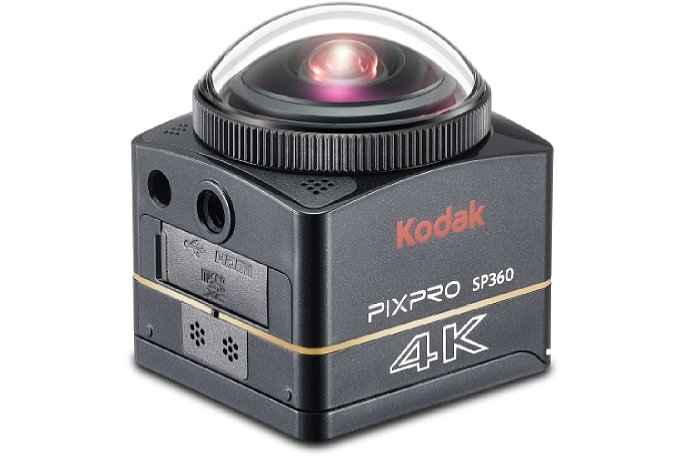 Bild Das komplett in schwarz gehaltene Gehäuse der Kodak Pixpro SP360-4K ziert ein großer 4K-Schriftzug. In dieser liegenden Stellung nimmt die Kamera kreisrunde Videos mit 2880 x 2880 Pixel auf (8,3 Megapixel, allerdings mit schwarzen Ecken). [Foto: JK Imaging]