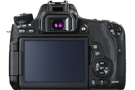 Bild Auf der Rückseite besitzt die Canon EOS 760D ein zweites Einstellrad, außerdem sorgt der Näherungssensor am Sucher für ein automatisches Abschalten des Bildschirms, sobald man die Kamera ans Auge nimmt. [Foto: Canon]