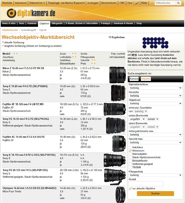 Bild digitalkamera.de-Objektiv-Marktübersicht mit Suchmöglichkeit für Motorzoom-Obkjektve. [Foto: MediaNord]