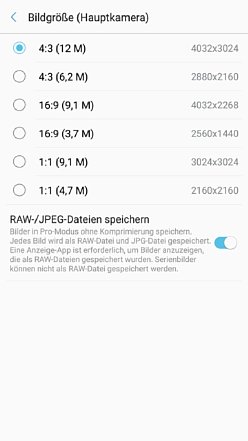 Bild Die Hauptkamera des Smasung Galaxy Note 7 erlaubt nicht nur verschiedene Auflösungseinstellungen, sondern auch das Speichern im Rohdatenformat DNG. [Foto: MediaNord]