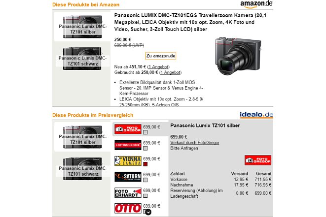 Bild Am 05.10.2016 wurde die Panasonic Lumix TZ101 auf Amazon bereits zum Schnäppchen-Preis und sogar gebraucht angeboten. Dabei war die Kamera noch gar nicht lieferbar, wie unser Idealo-Widget zeigt. Idealo filtert solche Fake-Angebote zuverlässig aus. [Foto: MediaNord]