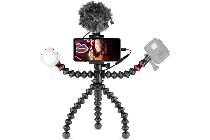 Bild An einem Arm kann alternativ eine Actioncam befestigt werden (sinnvollerweise nicht so schief, wie auf diesem Pressefoto). Eine Halterung dafür wird mitgeliefert. [Foto: Joby]