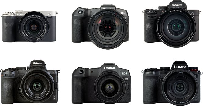 Bild Die Sony Alpha 7C, Canon EOS RP, Sony Alpha 7 III, Nikon Z 5, Canon EOS R8 und Panasonic Lumix DC-S5 im Größenvergleich. [Foto: MediaNord]