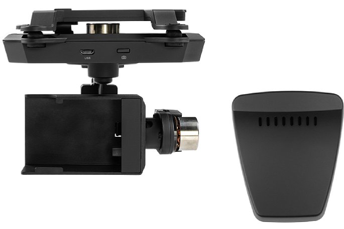 Bild Der Gimbal-Kopf der Xplorer G Version für GoPro Actioncams. Rechts ist der Range Extender zu sehen, der hinten an die Fernbedienung gesteckt wird. [Foto: Xiro]