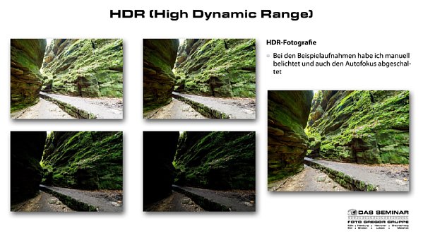 Bild Auszug aus der in dem Kamerakurs für Fortgeschrittene verwendeten Präsentation. Hier eine Seite aus dem Kapitel "HDR (High Dynamic Range)". [Foto: Foto Gregor Gruppe]