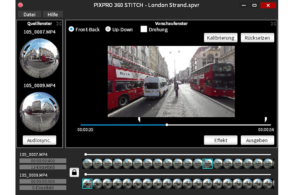 Bild In der für Window und Mac erhältichen Software Pixpro 360 Stich fügst du die beiden Videos zusammen. Die Synchronisation erfolgt dabei über den mit aufgezeichneten Ton. Unten im Fenster kannst du eine Feinjustage vornehmen. [Foto: MediaNord]
