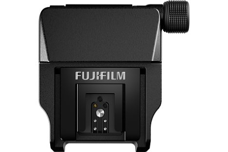 Bild Der Fujifilm EVF-TL1 Dreh-Schwenk-Sucheradapter für die GFX100, GFX 50S und GFX100 II wird einfach zwischen Sucher und Kamera gesteckt. [Foto: Fujifilm]